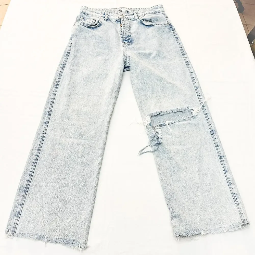 Zara Acid Wash Button Fly Denim Jeans Button Fly Straight Leg Size 8